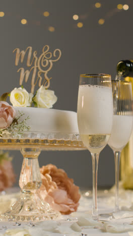 Wedding-Cake-With-Glasses-Of-Champagne-Against-Grey-Studio-Background-At-Wedding-Reception